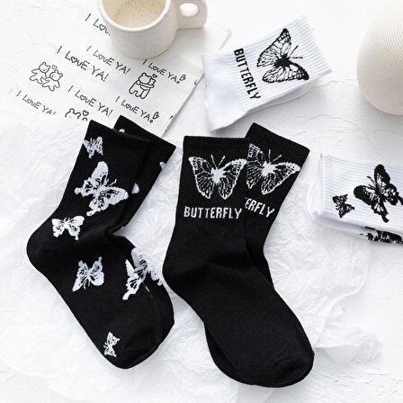 4 Çift Sevimli siyah beyaz  Desenli Kadın kolej kelebekli beyaz Çorap