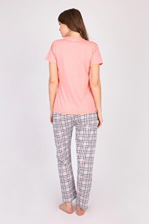 Kadın Kalpli Kısa Kollu Çok Renkli Ekose Desenli Pijama Takımı