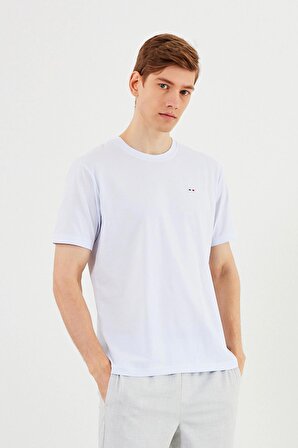 Erkek Bisiklet Yaka T-shirt %100 Pamuk Nakış Detaylı Basic Beyaz Tişört