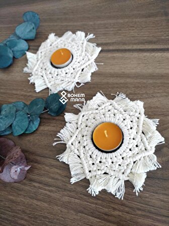 2'li Set Özel Tasarım Makrome Mandala Mum Çerçevesi, Tealight Mum, Bohem Tealight Mumluk (14 CM)