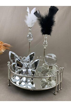 Dekoratif Gümüş Tepsi ,ikili Kristal Ayaklı Cam Tüylük, Ikili Kelebek,kelebek Küre Set