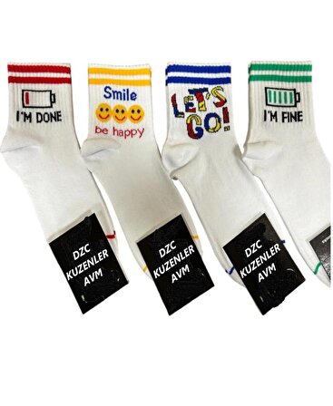 4 Çift Sevimli Çok Renkli  Desenli Kadın kolej emojili beyaz Çorap