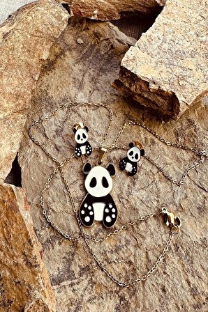 Patili Panda Siyah Beyaz Mineli Altın Renk Paslanmaz Çelik Çocuk Küpe Kolye Set