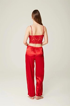 Gecelik Sabahlık Felicia Saten Büstiyer Pantolon Kırmızı 3'lü Set