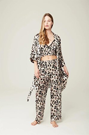 Saten Ashley Sabahlık Büstiyer Pantolon 3'lü Takım Leopard