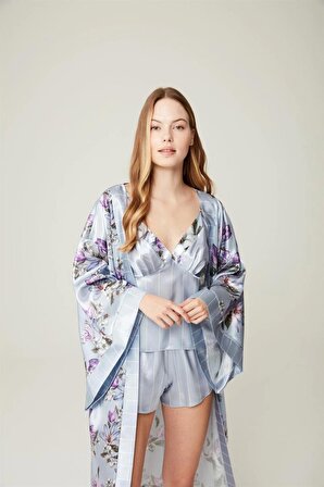 Pijama Takım Alita Blue Saten Sabahlık Bustıyer Pantolon 3'lü Set
