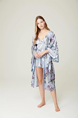Pijama Takım Alita Blue Saten Sabahlık Bustıyer Pantolon 3'lü Set