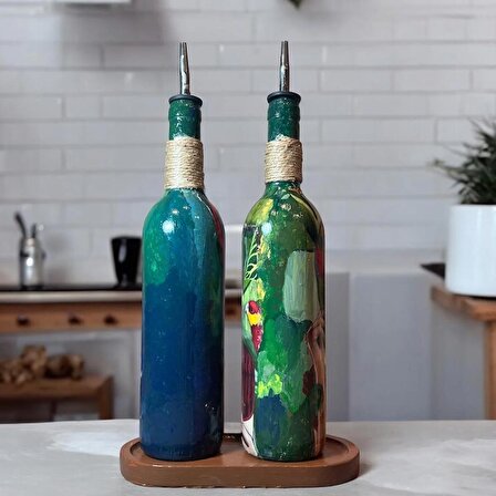 Özel Tasarım 750 ml Zeytinyağı Sıvıyağ Şişesi Yağdanlık Yağlık Sirkelik Sosluk 2'li Set, Dekor