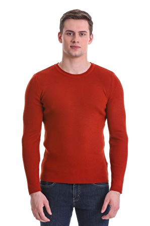 Kiremit Slim Fit Fitilli Bisiklet Yaka Yünlü Triko Kazak | L