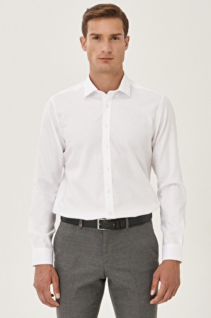 Erkek Beyaz Ütü Gerektirmeyen Non-iron Slim Fit Dar Kesim %100 Pamuk Armürlü Gömlek