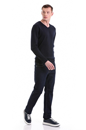 Lacivert Regular Fit Düz V Yaka Yünlü Triko Kazak | L