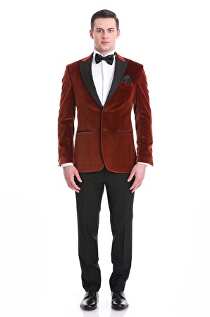 Kiremit Slim Fit Düz Sivri Yaka Kadife Klasik Smokin Damatlık | 50