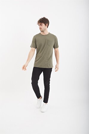 Trender 2000 Flamlı Cepli Sıfır Yaka Erkek T-Shirt HAKİ