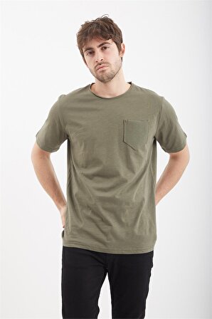 Trender 2000 Flamlı Cepli Sıfır Yaka Erkek T-Shirt HAKİ