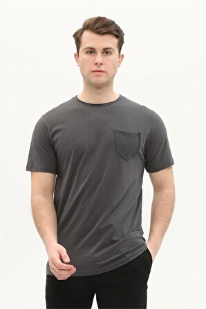 Trender 2000 Flamlı Cepli Sıfır Yaka Erkek T-Shirt ANTRASİT