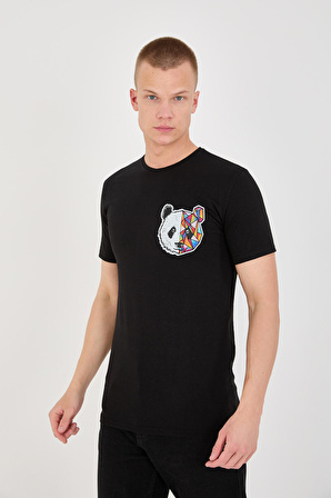 Panda Baskı Trender Erkek T-Shirt SİYAH