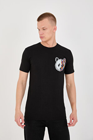 Panda Baskı Trender Erkek T-Shirt SİYAH