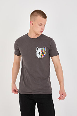 Panda Baskı Trender Erkek T-Shirt FÜME
