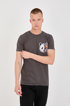 Panda Baskı Trender Erkek T-Shirt FÜME