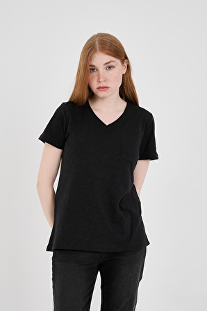 Viole&More 1001 Flamlı Cepli V Yaka Basic Kadın T-shirt SİYAH