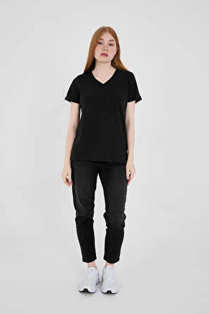 Viole&More 1001 Flamlı Cepli V Yaka Basic Kadın T-shirt SİYAH