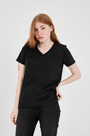 Viole&More 1001 Flamlı Cepli V Yaka Basic Kadın T-shirt SİYAH