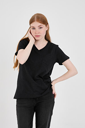 Viole&More 1001 Flamlı Cepli V Yaka Basic Kadın T-shirt SİYAH