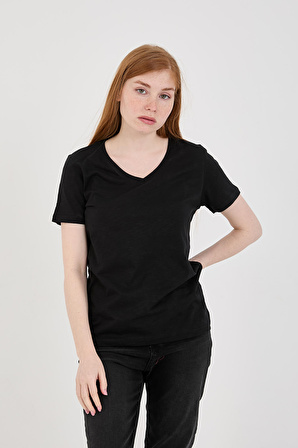 Viole&More 1002 Flamlı  V Yaka Basic Kadın T-shirt SİYAH