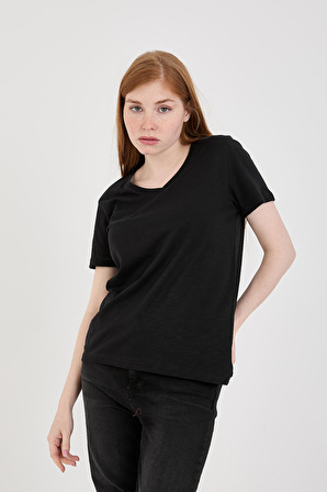 Viole&More 1002 Flamlı  V Yaka Basic Kadın T-shirt SİYAH