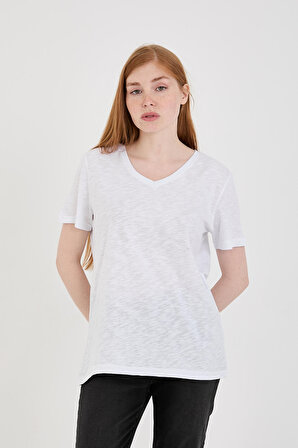 Viole&More 1002 Flamlı  V Yaka Basic Kadın T-shirt BEYAZ