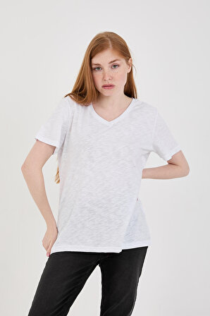 Viole&More 1002 Flamlı  V Yaka Basic Kadın T-shirt BEYAZ