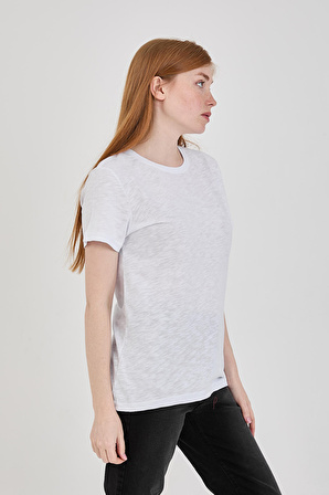 Viole&More 1003 Flamlı  O Yaka Basic Kadın T-shirt BEYAZ