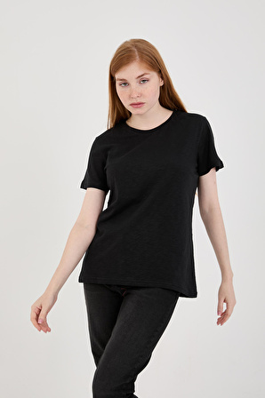 Viole&More 1003 Flamlı  O Yaka Basic Kadın T-shirt SİYAH