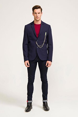 CEKMON Erkek Slim Fit Cepli Zincir Detaylı Klasik Takım Ceketi