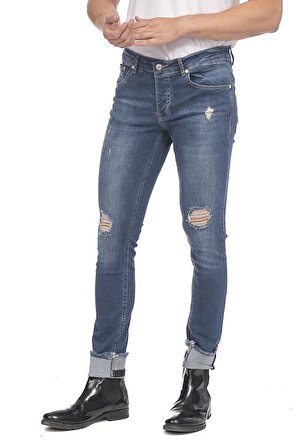 Erkek Slim Fit Katlama Paçası Yazılı Yırtık Detaylı Düz Renk Jean Kot Pantolon