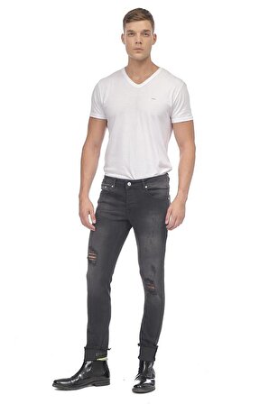 Erkek Slim Fit Katlama Paçası Yazılı Yırtık Detaylı Düz Renk Jean Kot Pantolon