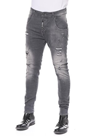 Erkek Skinny Fit Yırtlık Yıkamalı Boya Desenli Jean Kot Pantolon