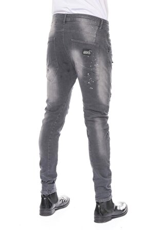 Erkek Skinny Fit Yırtlık Yıkamalı Boya Desenli Jean Kot Pantolon