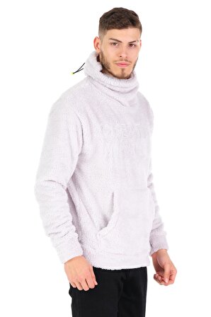 Erkek Kapüşonlu Maskeli Kanguru Cepli Kendinden Eldivenli Kalın Kışlık Peluş Sweatshirt