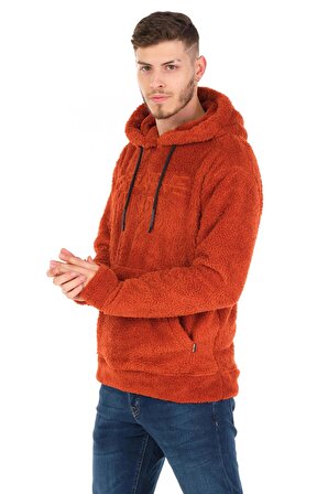 Erkek Kapüşonlu Kanguru Cepli Kendinden Eldivenli Kalın Kışlık Peluş Sweatshirt
