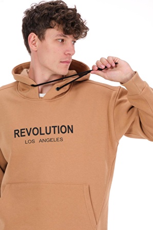 Erkek Kapüşonlu Önü Baskılı Pamuklu 3 İplik Şardonlu Kalın Sweatshirt