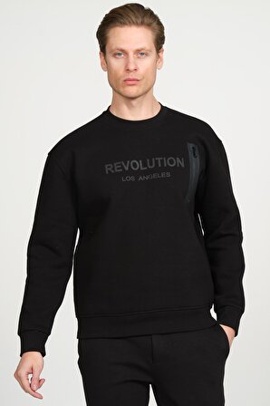 Erkek Bisiklet Yaka Önü Baskılı Fermuar Detaylı Pamuklu 3 İplik Şardonlu Kalın Sweatshirt