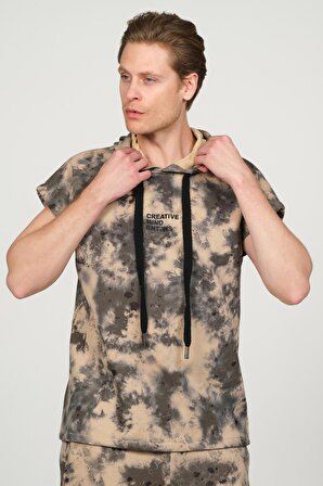 Erkek Batik Desenli Kapüşonlu Kolsuz Pamuklu 3 İplik Sweatshirt 