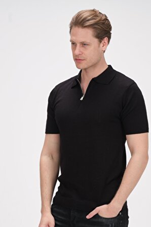 Erkek Fermuarlu Polo Yaka Pamuklu Kısa Kollu Basic Triko T-Shirt