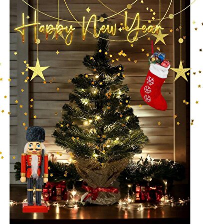 Işıklı Yılbaşı Çam Ağacı Kütük Tabanlı Jüt Ipli Masaüstü Yeni Yıl Noel Ağacı