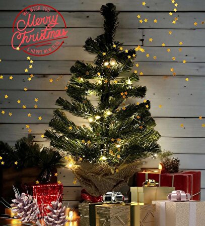 Işıklı Yılbaşı Çam Ağacı Kütük Tabanlı Jüt Ipli Masaüstü Yeni Yıl Noel Ağacı