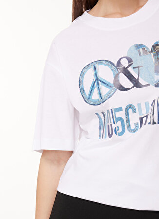 Moschino Jeans Bisiklet Yaka Baskılı Beyaz Kadın T-Shirt A0704