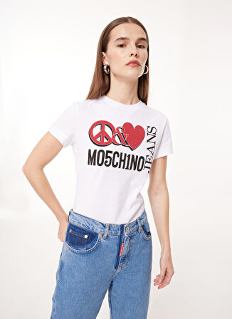 Moschino Jeans Bisiklet Yaka Baskılı Beyaz Kadın T-Shirt J0713