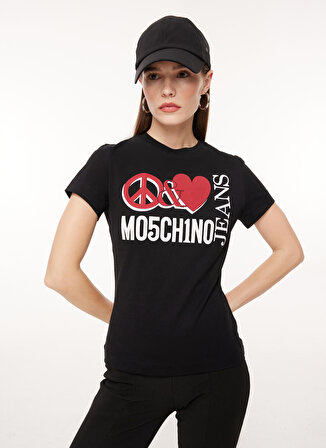 Moschino Jeans Bisiklet Yaka Baskılı Siyah Kadın T-Shirt J0713