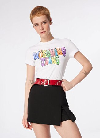 Moschino Jeans Yuvarlak Yaka Baskılı Beyaz Kadın T-Shirt 241K1A0708